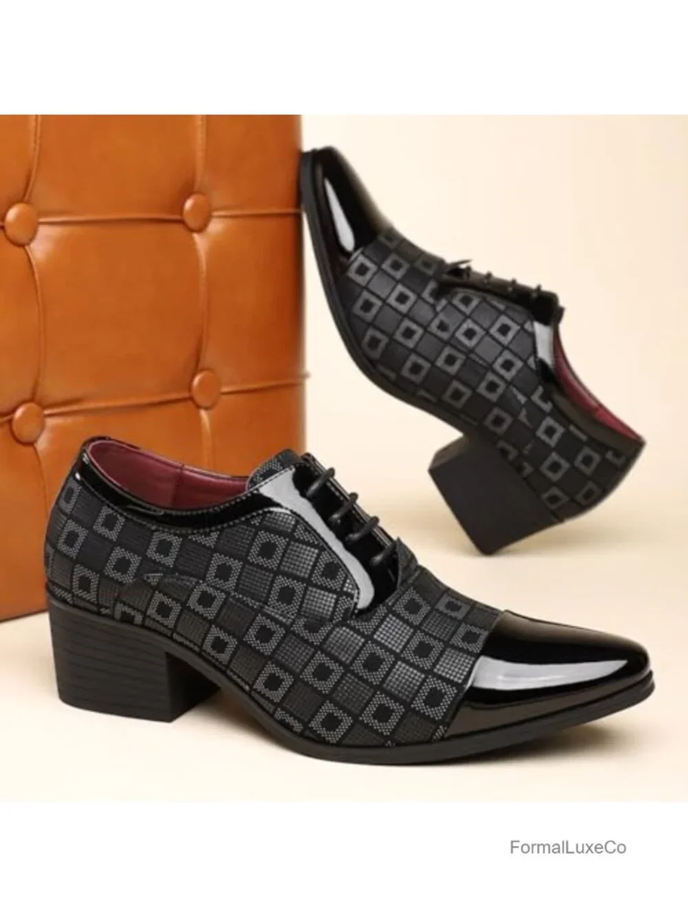 Patterned Patent Leather Chunky Heel Dress Oxford Shoes Lace Up Derby
